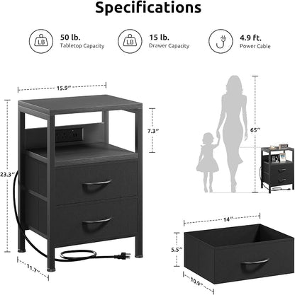 Lazzanto Nightstand Bedside Charger Table for Bedroom - Night Stand with Charging Station, Modern Nightstand with Open Shelf & 2 Fabric Drawers, Bed Side Table with USB-C Port for Dorm, Black