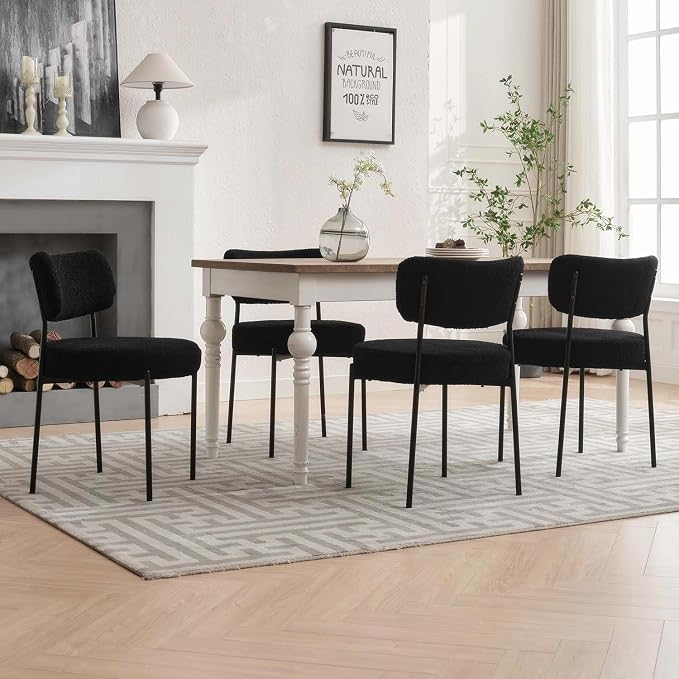 Boucle Dining Chairs Set of 2, White Mid Century Modern Kitchen Dining Room Chairs with Curved Backrest and Metal Frame, Round Upholstered Dining Chairs for Kitchen, Living Room