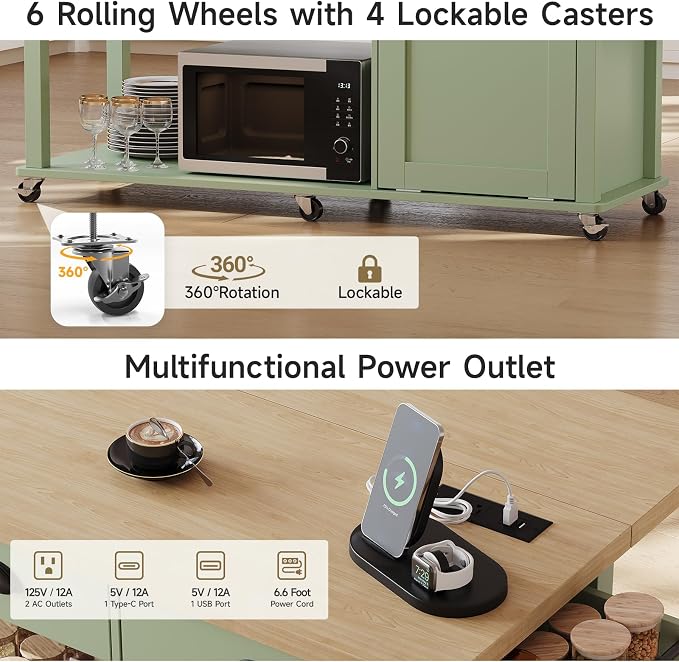 ONBRILL 56" Kitchen Island with Drop Leaf, Rolling Kitchen Cart with Trash Cabinet, Power Outlet, 2-Tier Open Shelves, 3 Drawers, Spice & Paper Towel Racks, 6 Wheels (4 Locking) for Dining Room, Green
