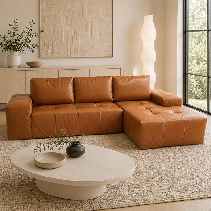 114” Boneless Sectional Couches for Living Room, Brown Cloud Faux Leather Couch in a Box, Modular Sectional Sofas for Living Room, L Shaped Couch with Chaise, Memory Foam Deep Seat,Right Chaise