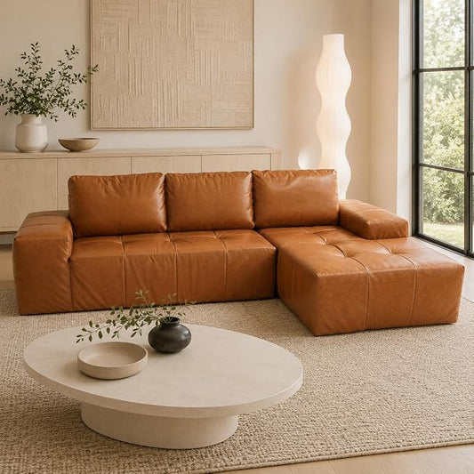 114” Boneless Sectional Couches for Living Room, Brown Cloud Faux Leather Couch in a Box, Modular Sectional Sofas for Living Room, L Shaped Couch with Chaise, Memory Foam Deep Seat,Right Chaise