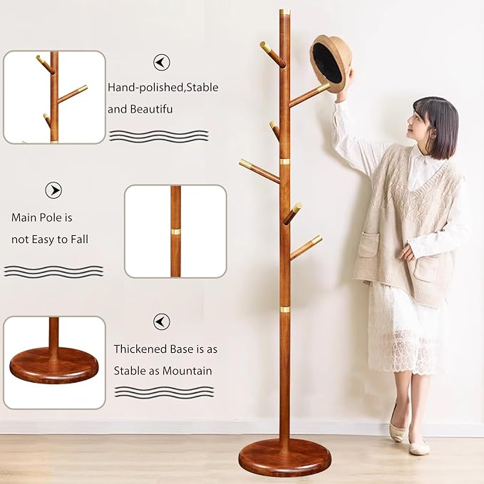 Wooden Coat Rack Freestanding, Hall Tree Hanger With Resin Hooks, Adjustable Heavy Duty Coat Rack for Hanging Clothes Bags Hats in Living Room Bedroom (coat rack, Simple Hook)