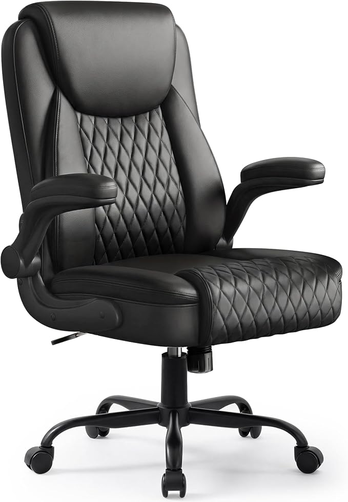 GTPOFFICE Executive Office Chair with Comfortable Lumbar Support, Ergonomic Gaming Chair with Flip-up Armrests & Zoned Pressure-Relief Cushion, Comfy PU Leather Desk Chair, Light Black