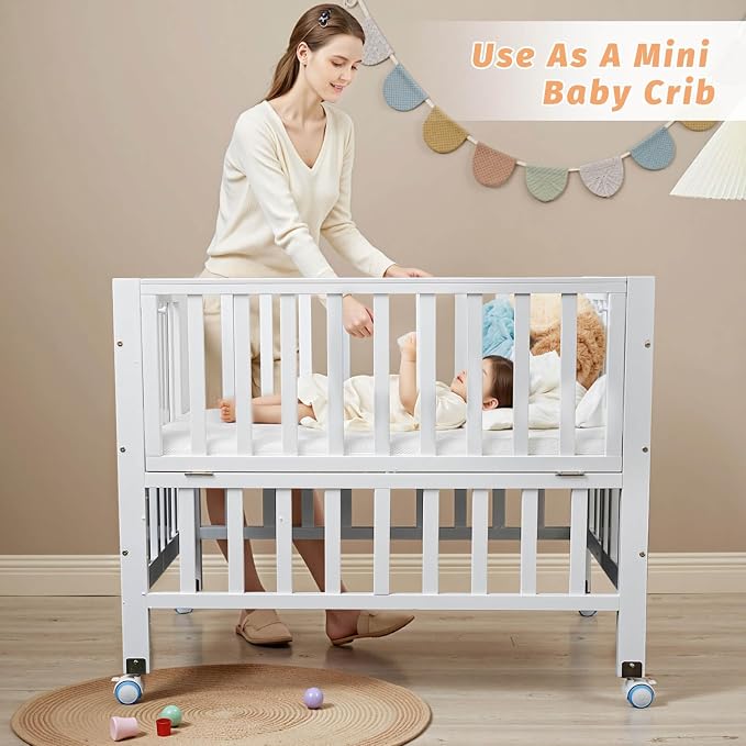 Flwrgirl Folding Wood Bedside Bassinet - Portable 4-in-1 Baby Bassinet with Breathable Mattress,3 Heights Baby Crib with Wheels,Mini Crib for Infant Newborn and Small Space,White