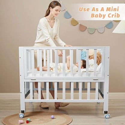 Flwrgirl Folding Wood Bedside Bassinet - Portable 4-in-1 Baby Bassinet with Breathable Mattress,3 Heights Baby Crib with Wheels,Mini Crib for Infant Newborn and Small Space,White