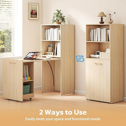 Zevemomo Folding Desk with Storage, Convertible Table with Shelves & Wheels, Craft Cabinet with Fold Out Table, Compact Computer Desk for Small Space, Reversible L Shaped Desk - Beige