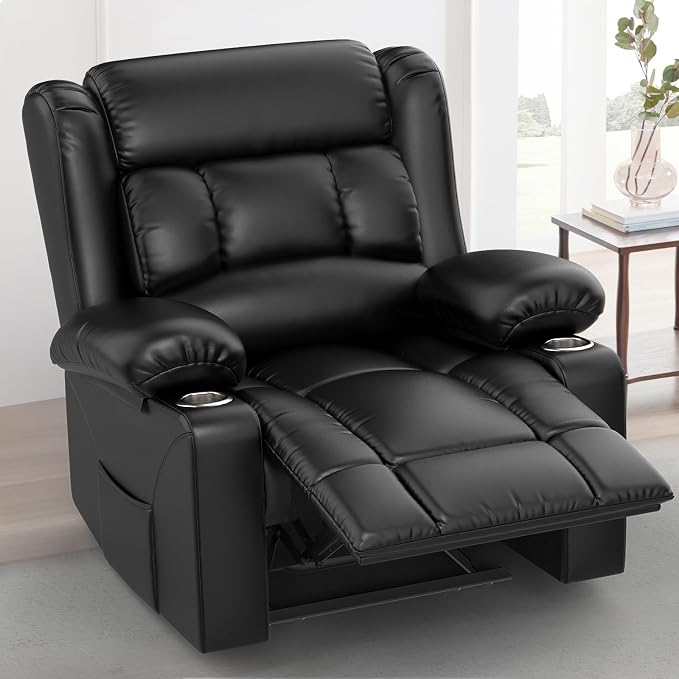 Recliner Chair for Adults, Oversized PU Leather Loveseat Recliner Manual Pull Tab Reclining Chair with Cup Holders, Minimalist Style Single Sofa for Living Room, RV (Black)