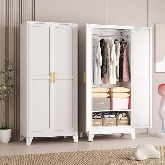 Metal Armoire Wardrobe Closet Storage Cabinet with 2 Doors White, 71'' Wardrobe Cabinet with Hanging Rod Metal Closet with 2 Adjustable Shelves for Bedroom, Laundry Room, Cloak Room