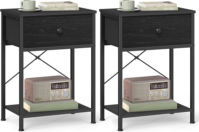 SONGMICS Bedside Table, Side Table with Drawer, Nightstand with Lower Shelf, for Bedroom, Living Room, 11.8 x 15.6 x 23.8 inches, Set of 2, Ebony Black, BELLAH Collection ULGS111B201S