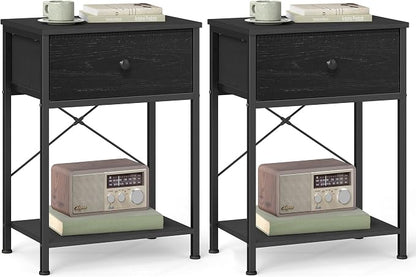 SONGMICS Bedside Table, Side Table with Drawer, Nightstand with Lower Shelf, for Bedroom, Living Room, 11.8 x 15.6 x 23.8 inches, Set of 2, Ebony Black, BELLAH Collection ULGS111B201S