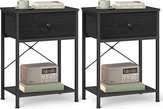 SONGMICS Bedside Table, Side Table with Drawer, Nightstand with Lower Shelf, for Bedroom, Living Room, 11.8 x 15.6 x 23.8 inches, Set of 2, Ebony Black, BELLAH Collection ULGS111B201S