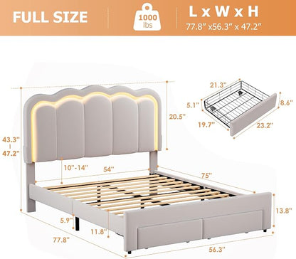 Full Upholstered LED Bed Frame with 2 Storage Drawers and Adjustable Chic Double Wavy Headboard, Velvet Prince Platform Bed with Charing Station, Solid Wood Slats Support,No Box Spring Needed,Grey