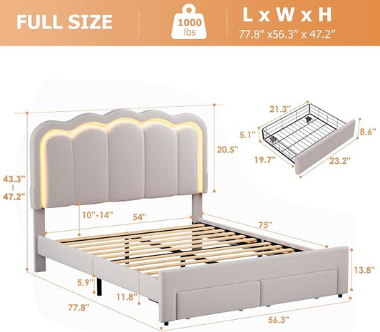 Full Upholstered LED Bed Frame with 2 Storage Drawers and Adjustable Chic Double Wavy Headboard, Velvet Prince Platform Bed with Charing Station, Solid Wood Slats Support,No Box Spring Needed,Grey