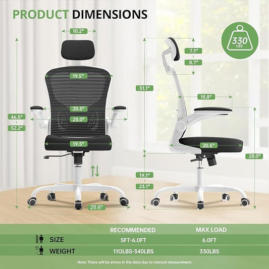 Office Chair Ergonomic Desk Chair, 330LBS Capacity, High Back Computer Design for Long Hours Comfort, Rolling Swivel Executive Task for Home Office with Flip-up Armrests(White Black)