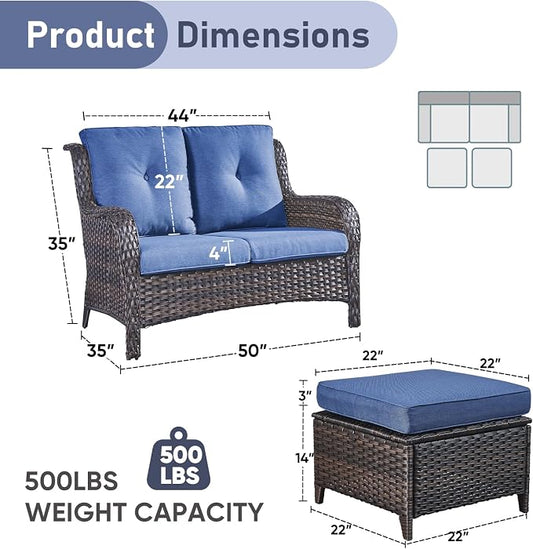 Outdoor Loveseat Sofa - 3 Piece Patio Furniture with Ottoman Deep Seating Patio Couch for Porch Deck Garden Backyard - Brown/Blue