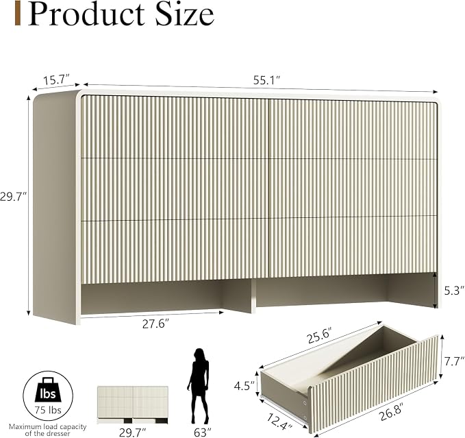 Furniway 55" Wide Modern Dresser for Bedroom, 6 Drawer Chest of Drawers with Curved Design, Push-to-Open Storage Dresser, Beige