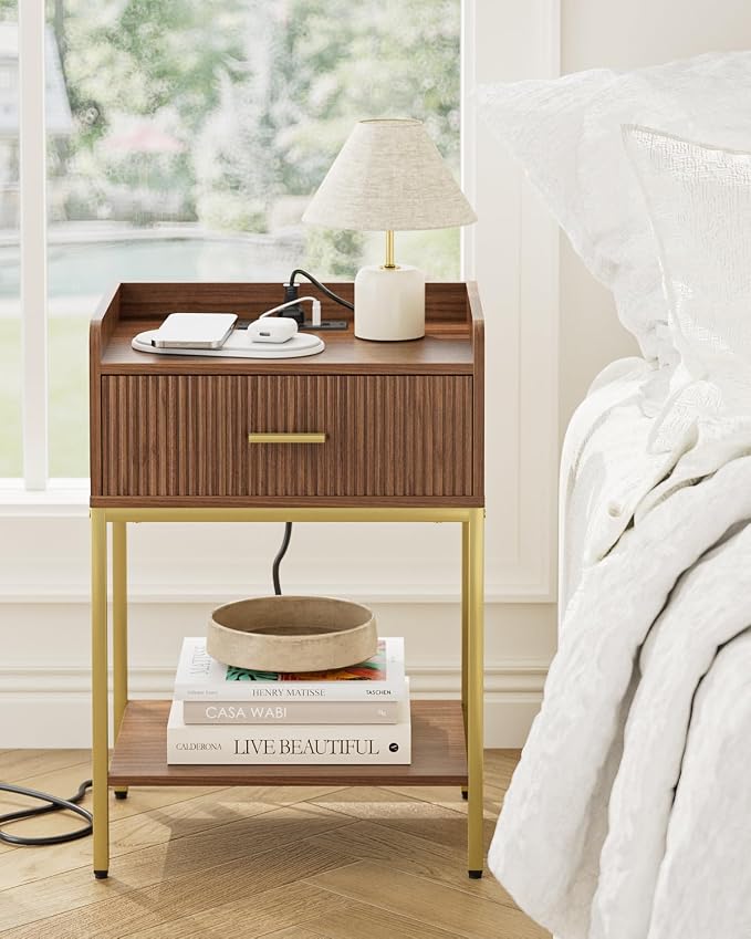Nightstand with Charging Station, 3-Tier Bed Side Table, Small End Table, Night Stand with Open Shelf and Drawer, Bedside Table for Bedroom, Living Room, Walnut