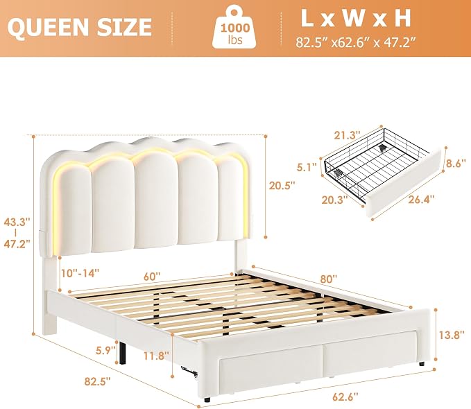 Queen Upholstered LED Bed Frame with 2 Storage Drawers and Adjustable Chic Double Wavy Headboard, Velvet Princess Platform Bed with Charing Station, Solid Wood Slats Support,No Box Spring Needed,Beige