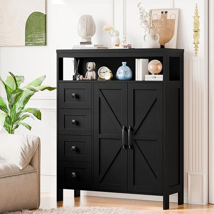 Vabches Farmhouse Storage Cabinet with 2 Doors and 4 Drawers, Freestanding Bathroom Compartment Kitchen Pantry Cabinet, Floor Cupboard for Kitchen/Living Room/Bathroom,Pure Black