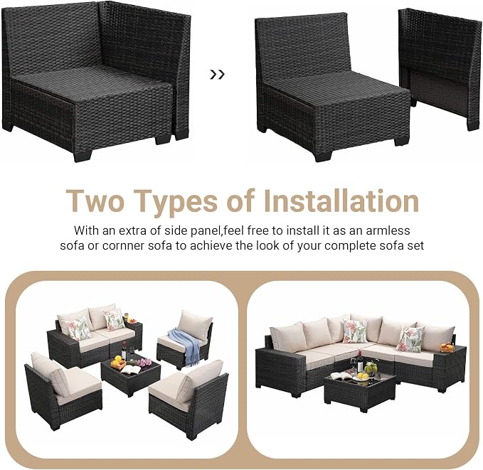 Jing's Villa 6-Piece Patio Furniture Set, All-Weather Outdoor Wicker Sectional Sofa with Cushions, Glass Table & Left and Right Armrest, Rattan Conversation Seating for Porch, Garden, Backyard,Beige