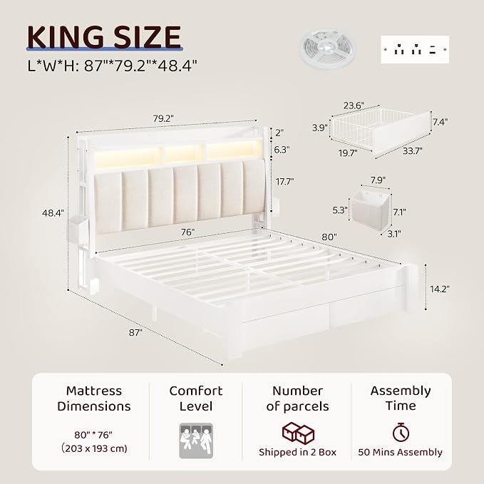 BRELTAM King Bed Frame with Headboard & Storage Drawers Metal Upholstered Platform Bed King Size with 2-Tier Storage, LED Light & Charging Station,No Box Spring Needed,Easy Assembly,White