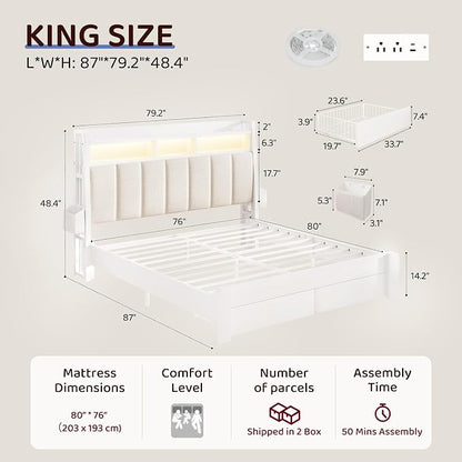 BRELTAM King Bed Frame with Headboard & Storage Drawers Metal Upholstered Platform Bed King Size with 2-Tier Storage, LED Light & Charging Station,No Box Spring Needed,Easy Assembly,White