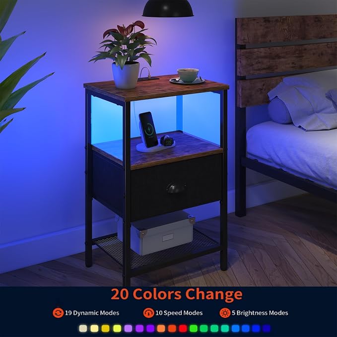 sthmec Nightstands Set of 2, LED Bedside Tables with Charging Station and Fabric Drawer, Night Stand with Storage, 3 Tier Side Table with Open Shelf, LED Nightstands with Charging Station,Rustic Brown