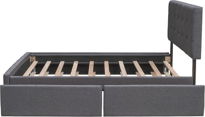 Ball & Cast Queen Bed Frame with 2 Drawers and 1 Twin XL Trundle, Linen Upholstered Platform Bed Frame Queen Size with Button Tufted Headboard & Wood Slats Support,No Box Spring Needed,Dark Gray