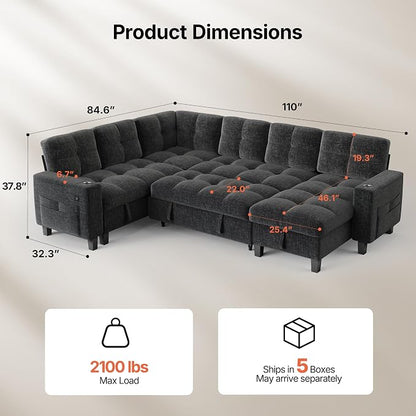 AMADA HOMEFURNISHING 110'' Modular Sectional Sleeper Sofa with Pull Out Couch, U Shaped 7 Seat Sectional Sofa with Storage, USB Ports & Cup Holders, Chenille Cloud Couches for Living Room, Dark Grey
