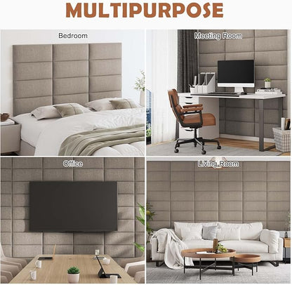 IFNOW Upholstered Wall Mounted Headboard, 3D Soundproof Wall Panels Peel and Stick for King Size, Reusable and Removable Tufted Bed Headboard in Linen (12 Panels, 10" x 24")