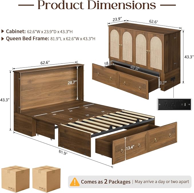 Yoobure Queen Murphy Bed with Charging Station - Rattan Queen Bed Frame with Storage Drawers, Wood Cabinet Beds for Guest Bedroom, Living Room, Office, Farmhouse Hideaway Beds with Foldable Platform
