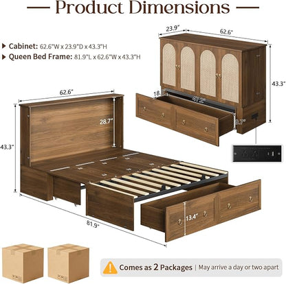 Yoobure Queen Murphy Bed with Charging Station - Rattan Queen Bed Frame with Storage Drawers, Wood Cabinet Beds for Guest Bedroom, Living Room, Office, Farmhouse Hideaway Beds with Foldable Platform