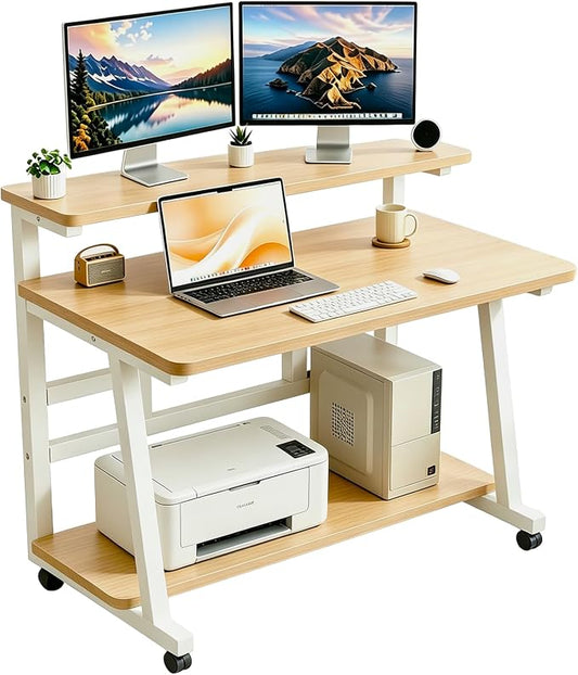47.2 Inch Compact Rolling Computer Desk with Tier Worktable & Lockable Wheels, Small Computer Desk, Small Desk for Bedroom, Mobile Writing Workstation Easy Assembly for Home Office Small Spaces