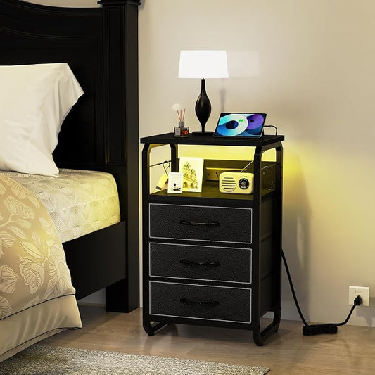 runjuly Bedside Table with 3 Fabric Drawers, LED Nightstand with Hooks, Metal Night Stand, Small End Table with Charging Station and Storage, Night Table for Bedroom, Modern Black