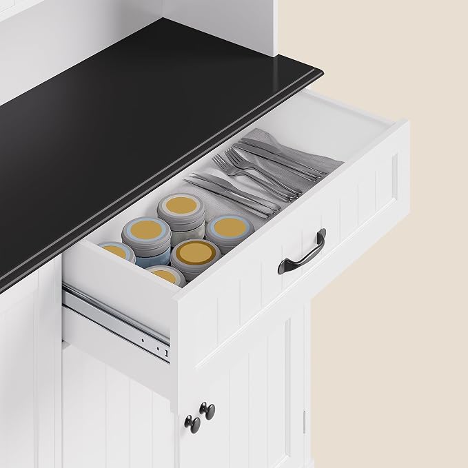 Gizoon Kitchen Pantry Cabinet with Microwave Shelf Tall Coffee Bar Cabinet with Doors and Shelves Farmhouse Kitchen Hutch with Storage for Dining Room and Craft Room, Painted White and Black