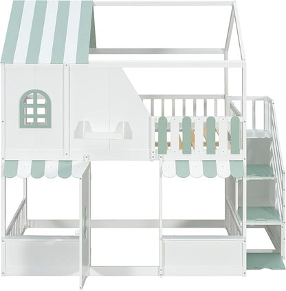 Merax Full Over Full Wood House Bunk Bed Frame with Storage Staircase & Shelves, Modern Low Bunk Bed with Solid Slats, Guardrail, No Box Spring Required, Easy Assembly,Playhouse Design,White+Green