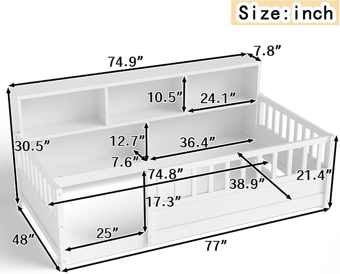 Bellemave Twin Size Montessori Floor Bed with Bookcase, Twin Floor Bed with Rails and Storage Shelves, Easy Assemble Montessori Beds Frame for Girls, Boys, White