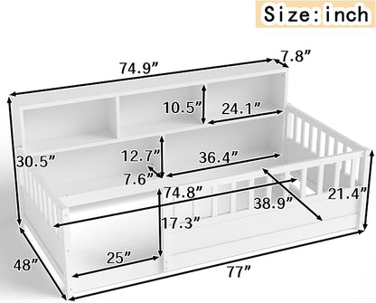 Bellemave Twin Size Montessori Floor Bed with Bookcase, Twin Floor Bed with Rails and Storage Shelves, Easy Assemble Montessori Beds Frame for Girls, Boys, White