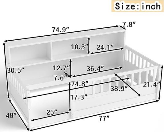 Bellemave Twin Size Montessori Floor Bed with Bookcase, Twin Floor Bed with Rails and Storage Shelves, Easy Assemble Montessori Beds Frame for Girls, Boys, White