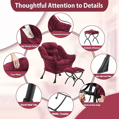 Youtanic Lazy Chair with Folding Ottoman, Accent Chair Plush Upholstered with Metal Structure and Non-Slip Pads, Sofa Armchair with Footrest and Side Storage Bag for Dorm, Room, Office, Rose Red