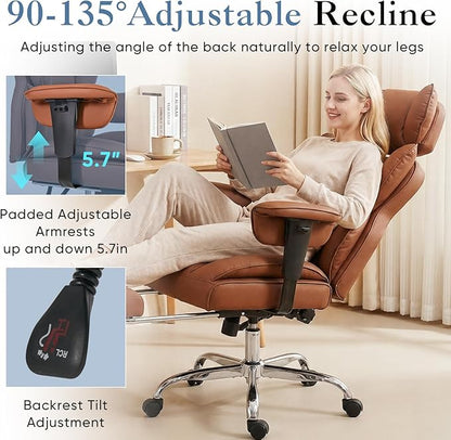 DUMOS Big and Tall Home Office Desk Chair, Ergonomic Executive Chair with Footrest, Computer Gaming Chairs with High Back Reclining, Adjustable Armrests and Comfy Lumbar Support, PU Leather, Brown