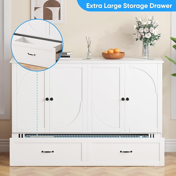 PUREMIND Queen Murphy Bed Cabinet, Multi-Functional Hideaway Cabinet Bed with Storage Drawer, USB Charging Ports and Folding Bedside Panel, Space Saving Chest Beds Wallbed for Guest Room, No Mattress