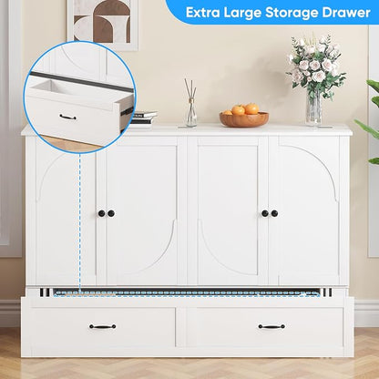 PUREMIND Queen Murphy Bed Cabinet, Multi-Functional Hideaway Cabinet Bed with Storage Drawer, USB Charging Ports and Folding Bedside Panel, Space Saving Chest Beds Wallbed for Guest Room, No Mattress