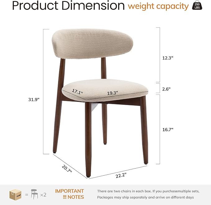 COLAMY Mid-Century Modern Wooden Dining Chair Set of 4, Indoor Upholstered Kitchen Chairs with 2.6" Cozy Padded Seat, Walnut Finish Side Dining Chair for Dining Room & Kitchen, Beige