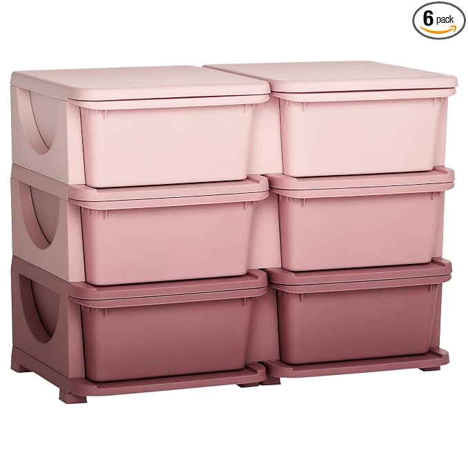Qaba 3 Tier Kids Storage Unit, Toy Organizers and Storage with 6 Drawer Chest for Kids Bedroom Nursery Kindergarten Living Room for Boys Girls Toddlers, Pink
