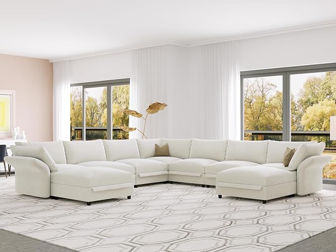 DreamDashio Oversized Cloud Sectional Couches for Living Room, 159" Extra Wide, Deep Modular Sofa with Storage, Adjustable Arms, High Backs, 9 Seater, Beige Chenille