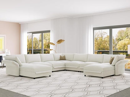 DreamDashio Oversized Cloud Sectional Couches for Living Room, 159" Extra Wide, Deep Modular Sofa with Storage, Adjustable Arms, High Backs, 9 Seater, Beige Chenille