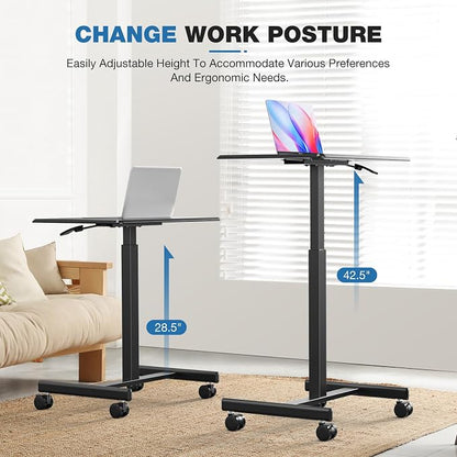 OLIXIS Mobile Standing Desk with Wheels Small Rolling Laptop Desks Portable Pneumatic Adjustable Height Sit Stand Table Computer Workstation for Home Office Black