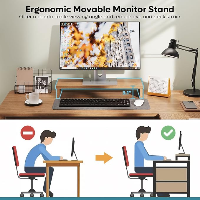 Bestier L Shaped Desk with File Drawer, 55.7" x 55" Office Computer Desk with Round Corners, Modern Desk with Monitor Stand & Fluted Panels for Home Office, Brown Oak