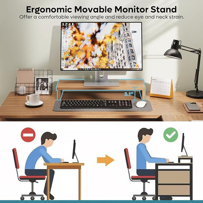 Bestier L Shaped Desk with File Drawer, 55.7" x 55" Office Computer Desk with Round Corners, Modern Desk with Monitor Stand & Fluted Panels for Home Office, Brown Oak